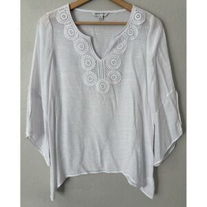 Counterparts Womens Boho Crochet Tunic Top Size M 3/4 Bell Sleeve Festival Art